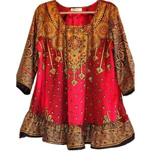 Lapogee Tunic Top Large L Red Gold Boho Dashiki Flare Sleeve Ruffle Hem India